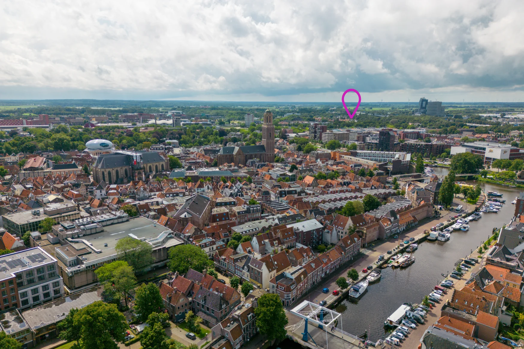Luchtfoto van Zwolle met locatie van de Nieuwe Veemarkt - Blossom Architecture