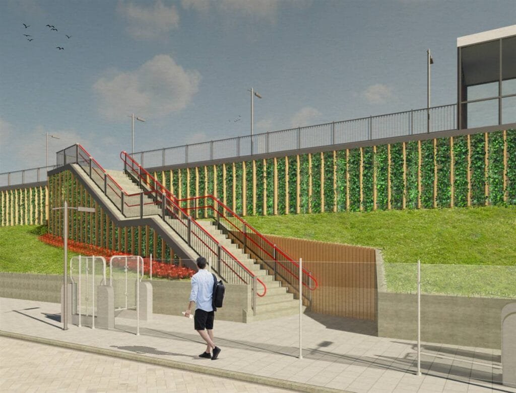 Ontwerpvisualisatie perronopgang station Culemborg: trap langs een groene damwand met klimplanten - Blossom Architecture