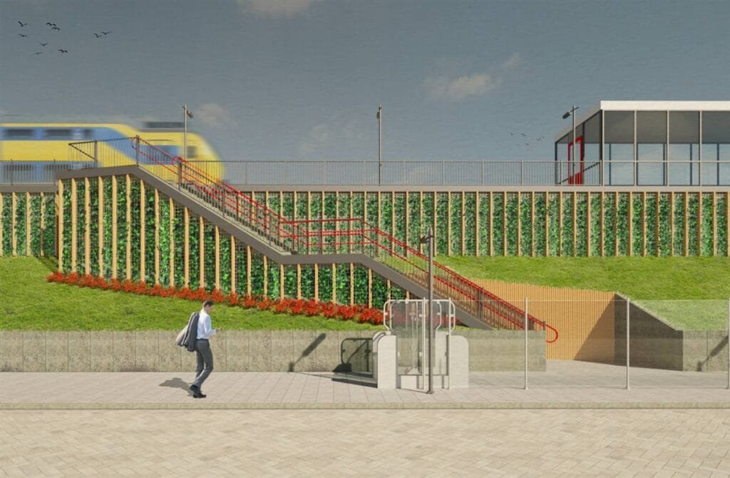 Vooraanzicht ontwerp perronopgang station Culemborg met vergroende damwand en trein - Blossom Architecture